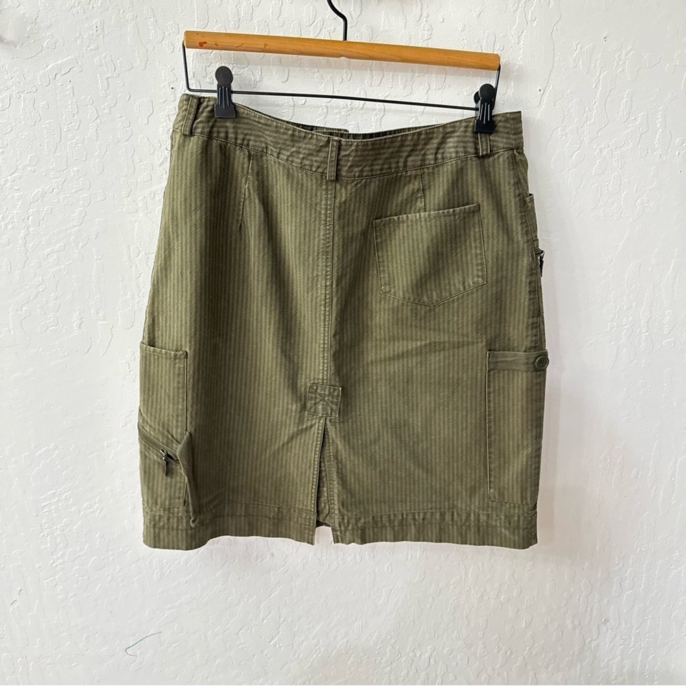 Vintage Clio Striped Green Cargo Buckle Pockets Back Slit Skirt Size 14 - Picture 3 of 6